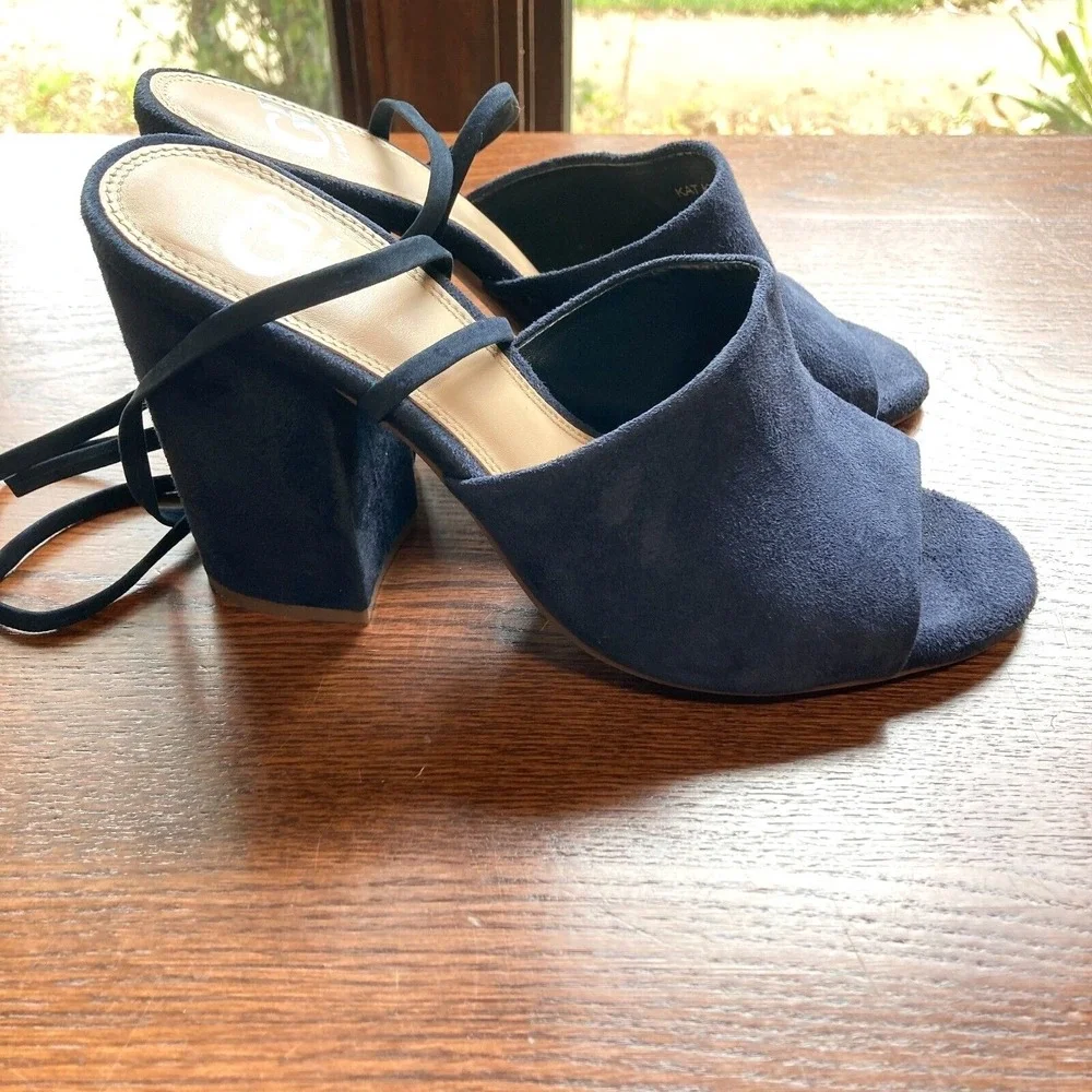 Gianni Bini Kat Kall Gladiator Block Heel Navy Suede Leather Strappy Womens 7